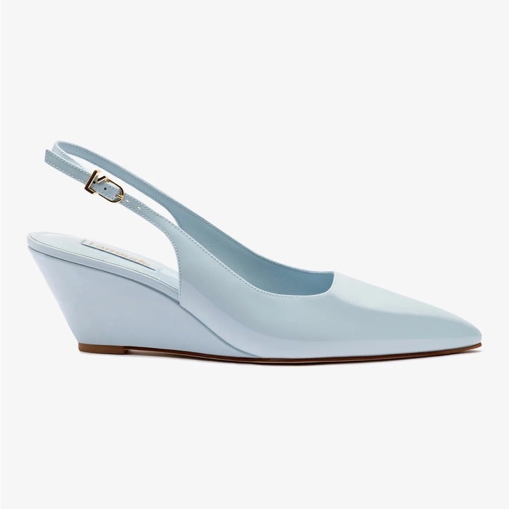 NIB LARROUDE Loulou Soft Patent Leather Slingback Wedge 8 retail $330